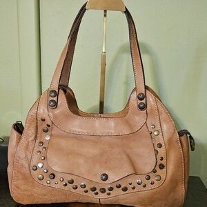 PATRICIA NASH Italian LeatherShoulder Bag Purse Tan Brass Silver Gold Studs VGC